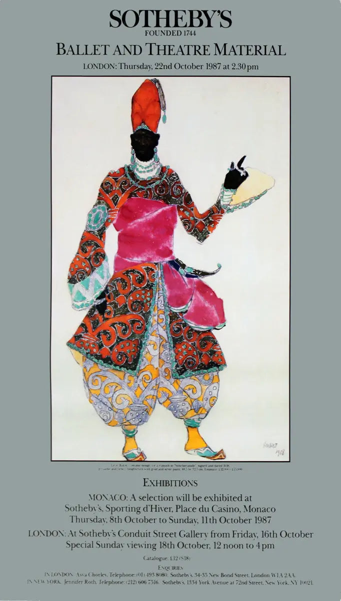 Leon Bakst costume design lithograph poster for a eunuch from 1987, featuring intricate costume details in vibrant colors.