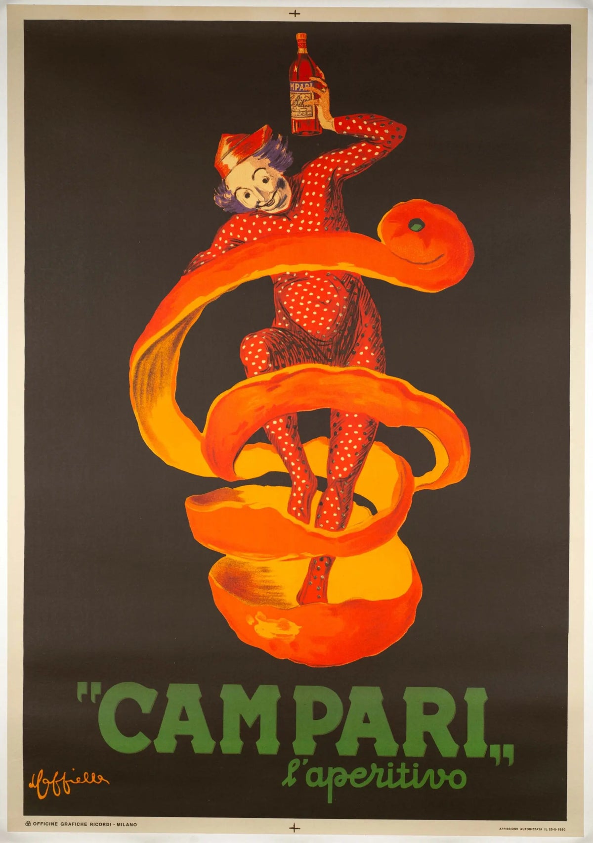 Vintage 1950s Campari L’Aperitivo poster by Leonetto Cappiello featuring bold graphic design and vibrant colors.
