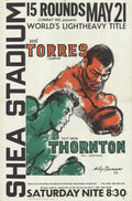 LeRoy Neiman boxing poster featuring Jose Torres vs Wayne Thornton, 1966, colorful serigraph artwork showing fighters in a match.