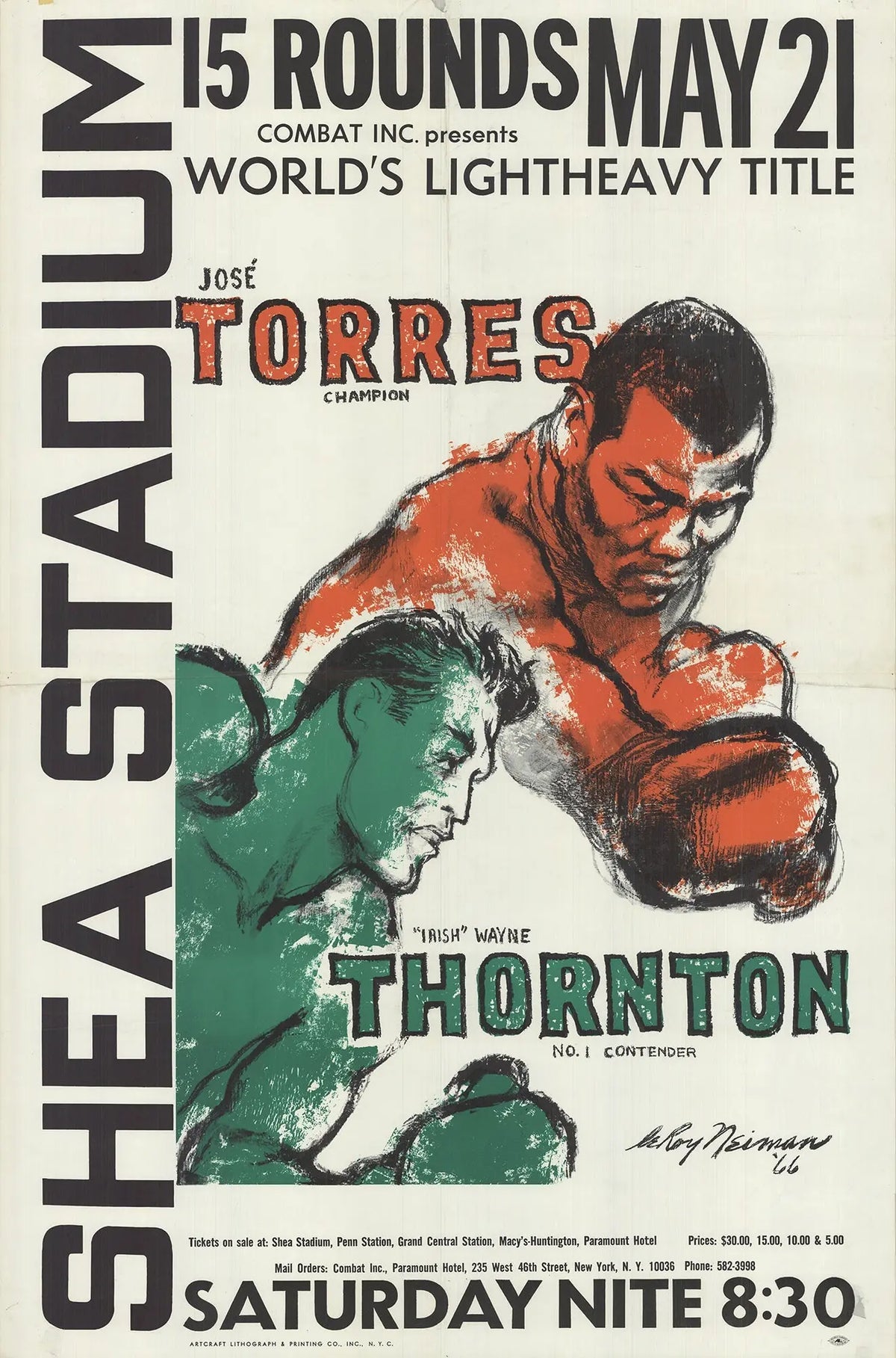 LeRoy Neiman boxing poster featuring Jose Torres vs Wayne Thornton, 1966, colorful serigraph artwork showing fighters in a match.