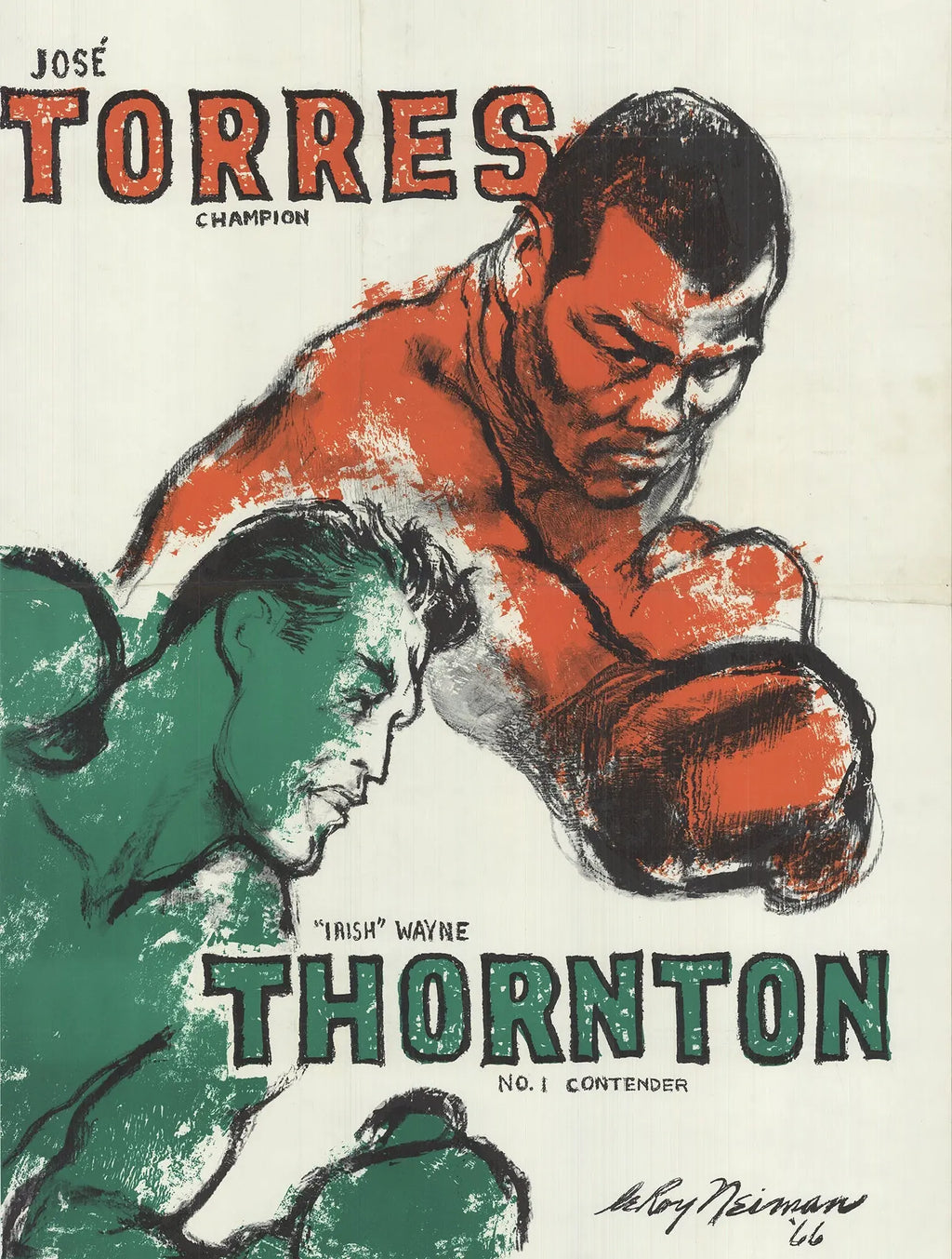 LeRoy Neiman boxing poster featuring Jose Torres vs Wayne Thornton from 1966, colorful serigraph artwork.