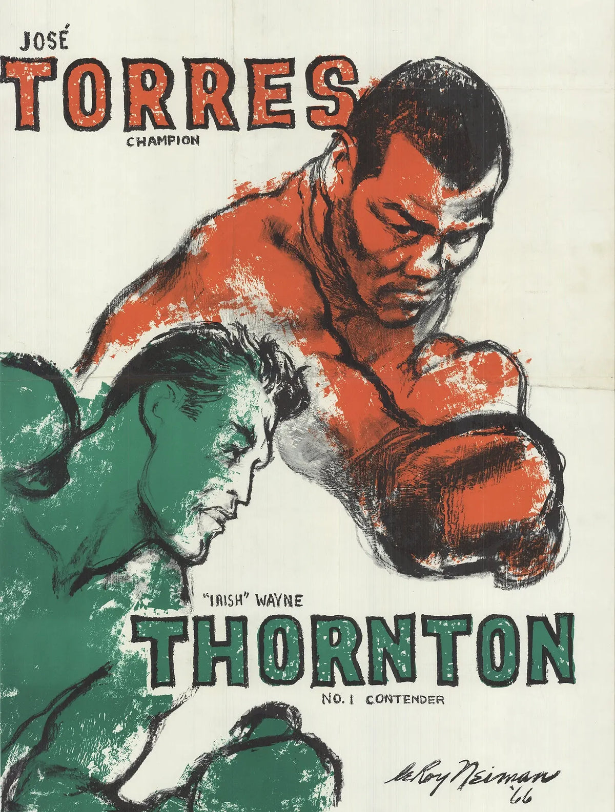 LeRoy Neiman boxing poster featuring Jose Torres vs Wayne Thornton from 1966, colorful serigraph artwork.