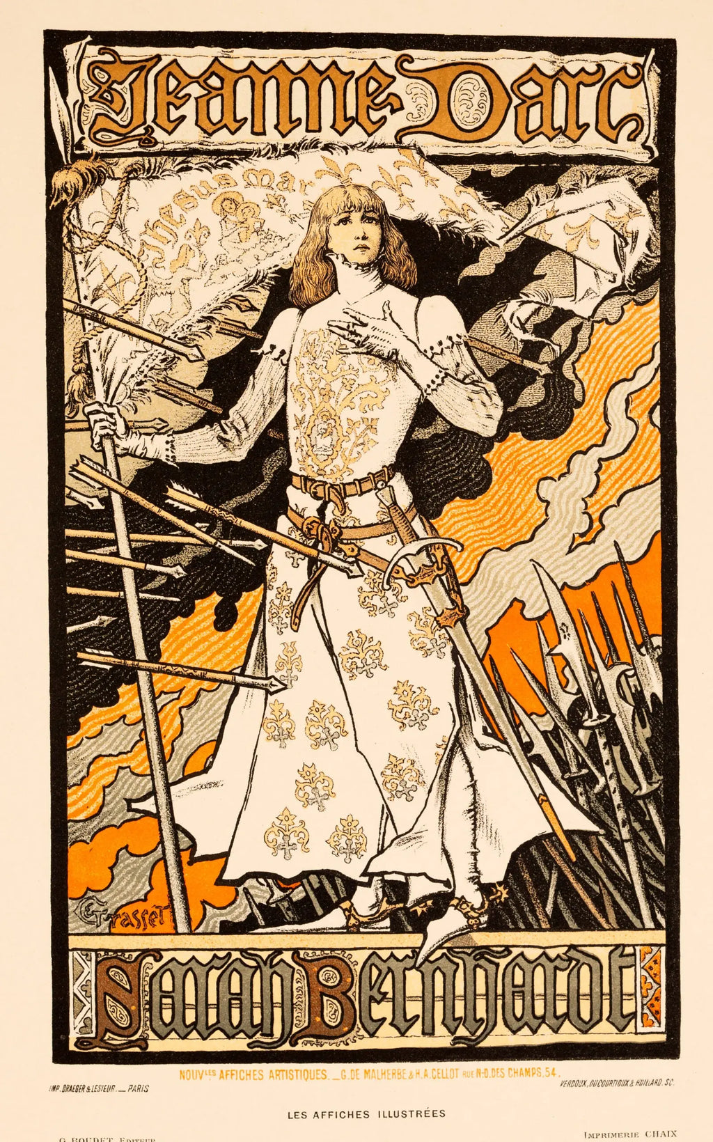 Original Art Nouveau lithograph of Jeanne d’Arc by Eugène Grasset, featuring Sarah Bernhardt, on linen, from Les Affiches Illustrées.