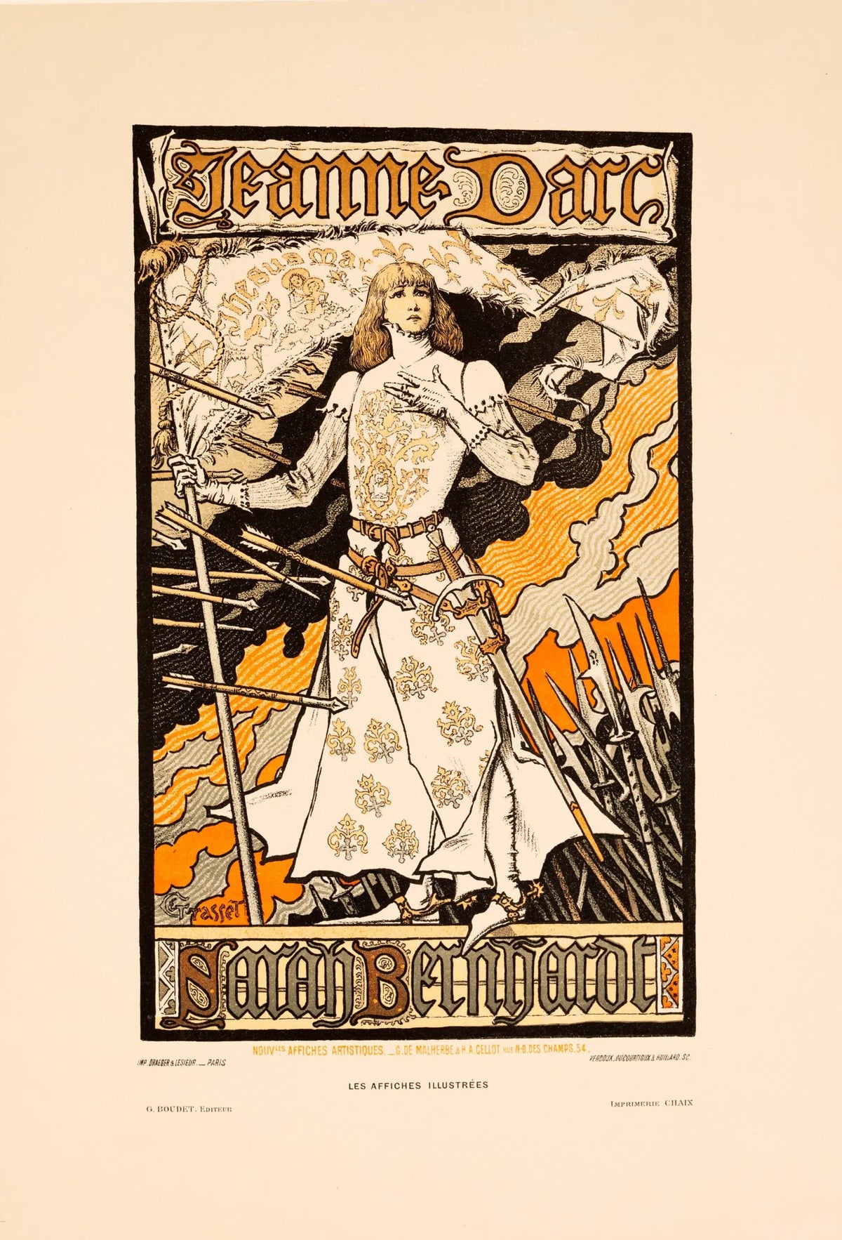 Original Art Nouveau lithograph of Jeanne d'Arc by Eugène Grasset featuring Sarah Bernhardt, printed on linen.