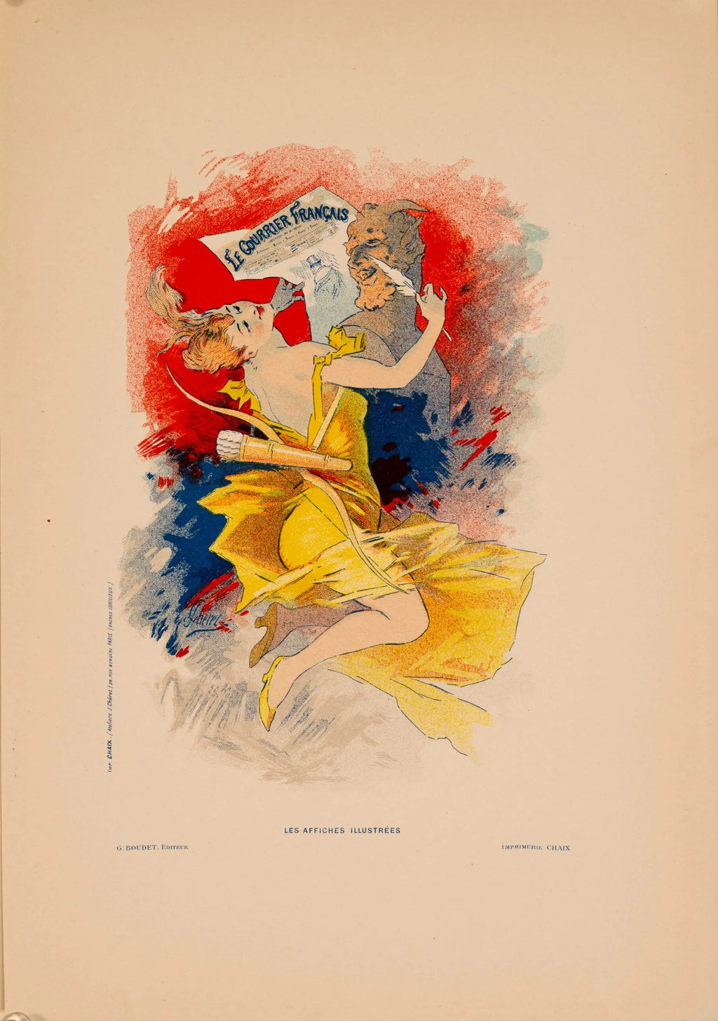 Antique stone lithograph plate by Jules Chéret for Le Courrier Français, 1896, depicting vintage illustration in a detailed print