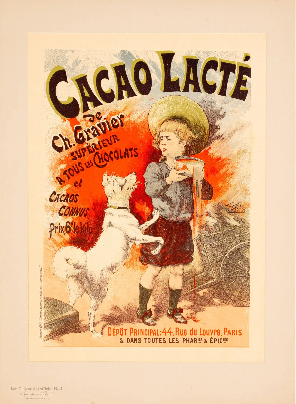 Art Nouveau stone lithograph of Cacao Lacté Original by Lucien Lefèvre, featuring detailed vintage illustration with lush design elements.