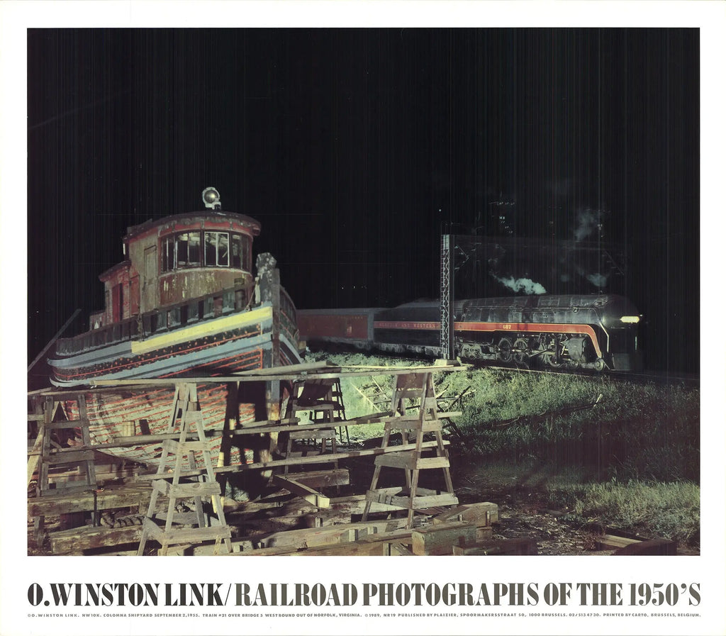 O. Winston Link train art print featuring a steam locomotive crossing a bridge in Norfolk, showcasing vintage railway photography.