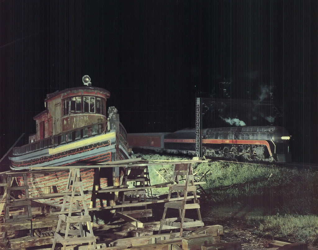 O. Winston Link Norfolk art print of Train #21 crossing over a bridge, showcasing vintage train and bridge scene.