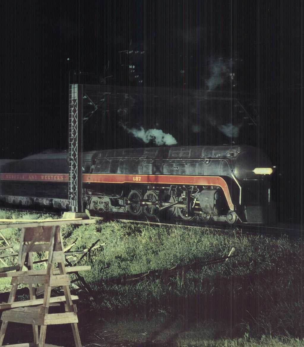O. Winston Link Norfolk art print featuring a train crossing over a bridge, showcasing vintage railway scenery.