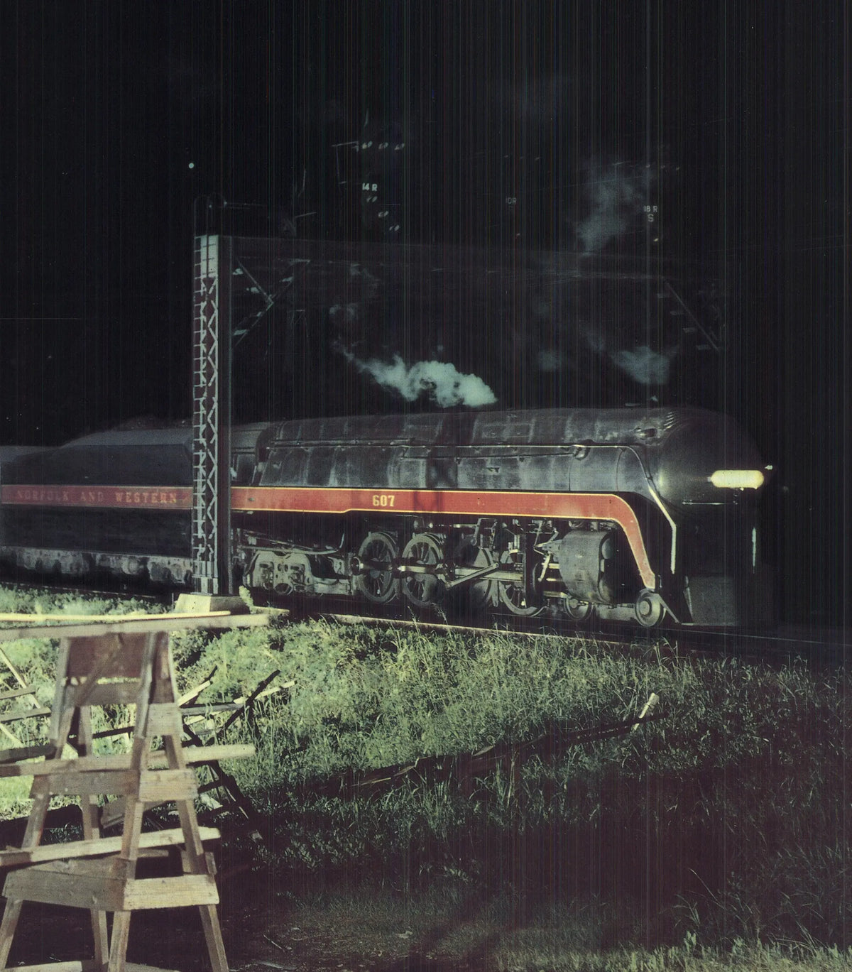 O. Winston Link Norfolk art print featuring a train crossing over a bridge, showcasing vintage railway scenery.