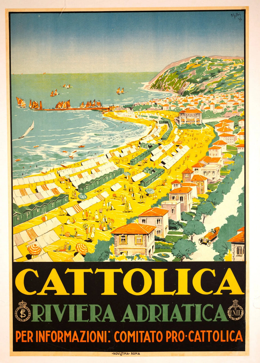 Vintage 1926 Cattolica Riviera Adriatica travel poster by Livio Apollini featuring Art Deco style and seaside scenery.