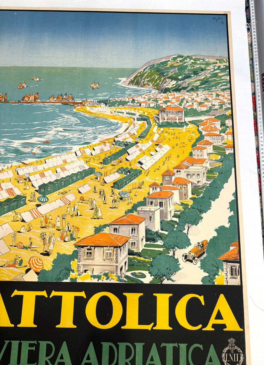 Vintage 1926 Cattolica Riviera Adriatica Art Deco travel poster by Livio Apollini, featuring vibrant seaside scenery and stylish design.