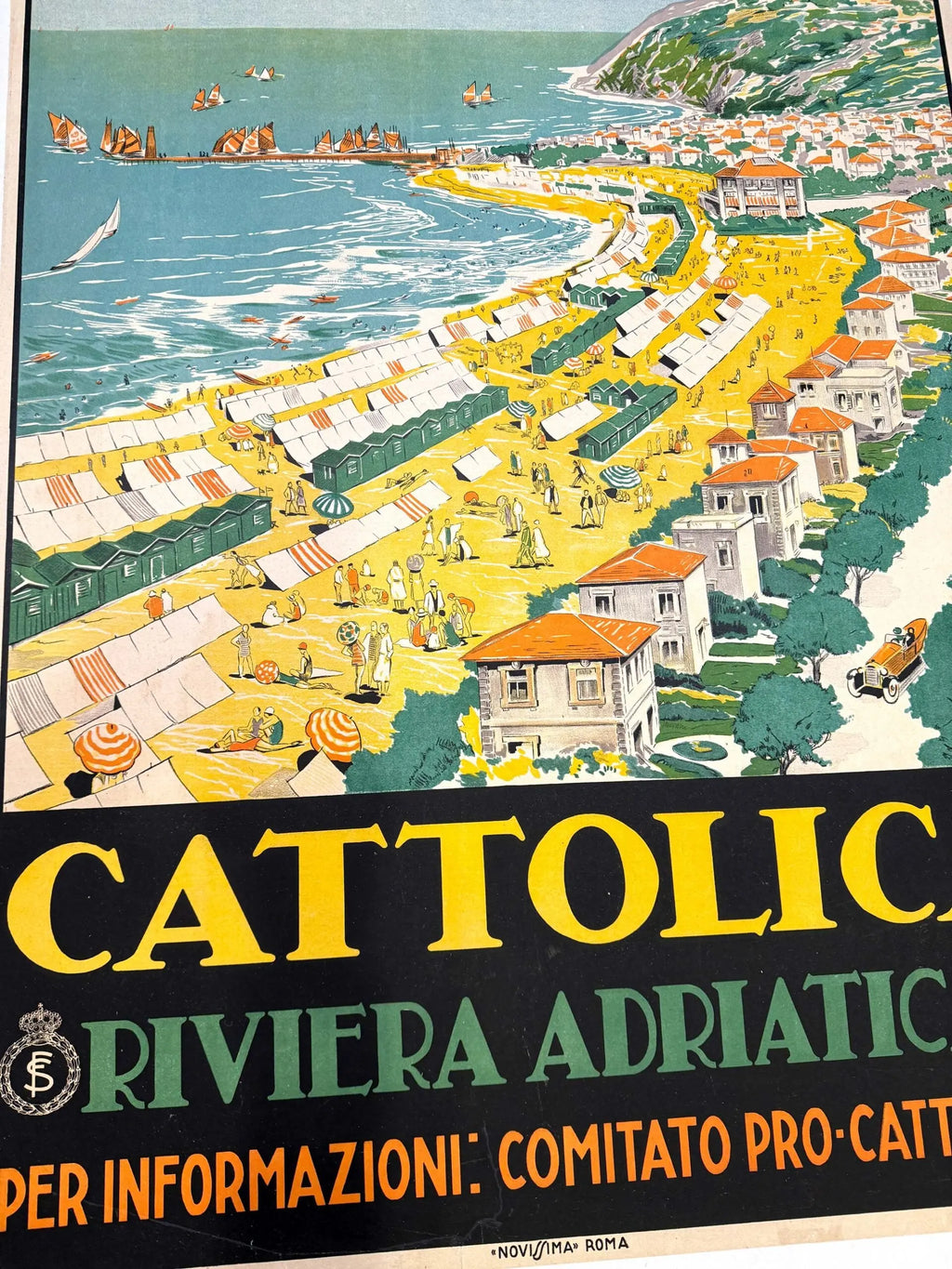 Vintage Art Deco travel poster for Cattolica Riviera Adriatica, designed by Livio Apollini, featuring vibrant seaside scenery.