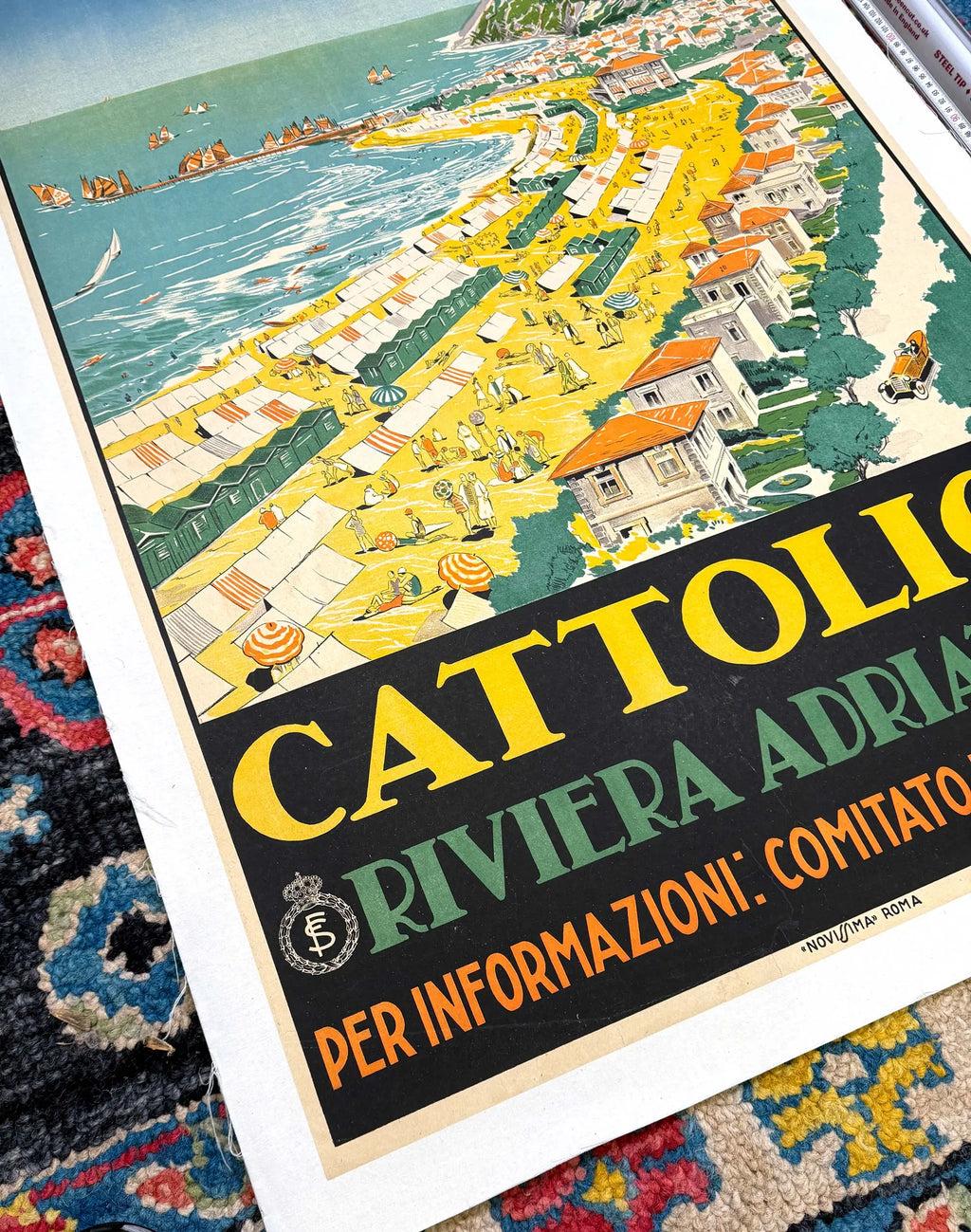 Vintage 1926 Cattolica Riviera Adriatica travel poster by Livio Apollini, featuring Art Deco style with scenic coastal views.