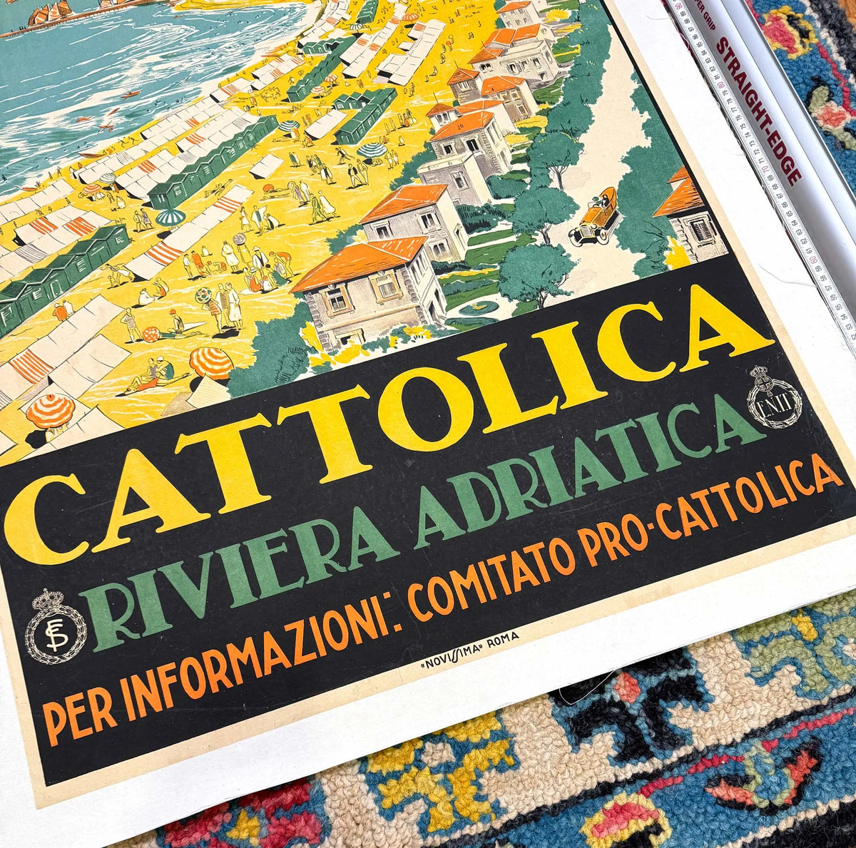 Vintage 1926 Cattolica Riviera Adriatica Art Deco travel poster by Livio Apollini featuring colorful seaside scenery and bold typography.