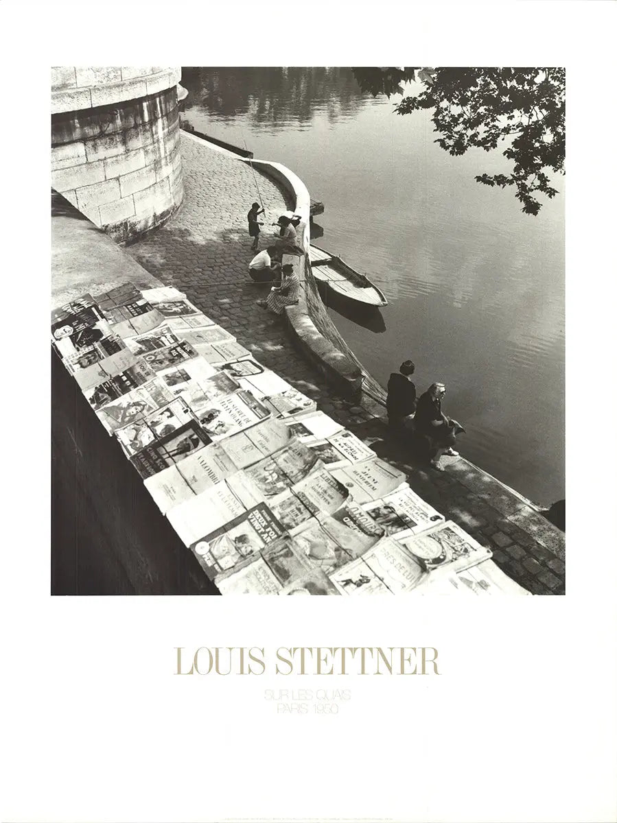 Louis Stettner Sur Les Quais 1988 vintage photography poster art print showing a waterfront scene with city buildings and people.