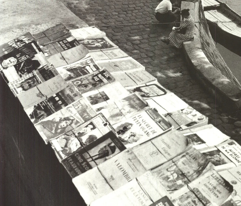 Louis Stettner Sur Les Quais 1988 vintage photography poster art print showing a city waterfront scene with moored boats and buildings