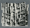 Louise Nevelson silver foil art print titled "At Pace Columbus 1977" showcasing abstract geometric shapes and metallic textures.