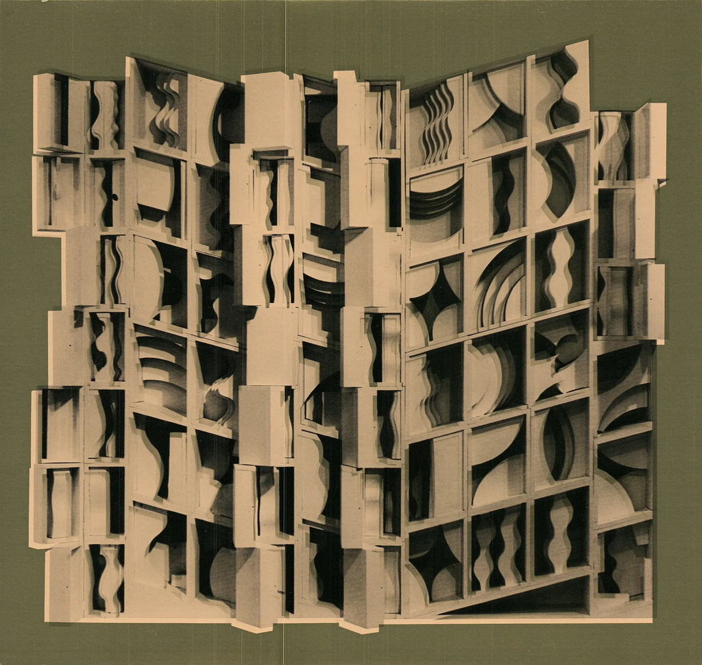 Limited edition gold foil print by Louise Nevelson, showcasing abstract geometric shapes and textured artwork.