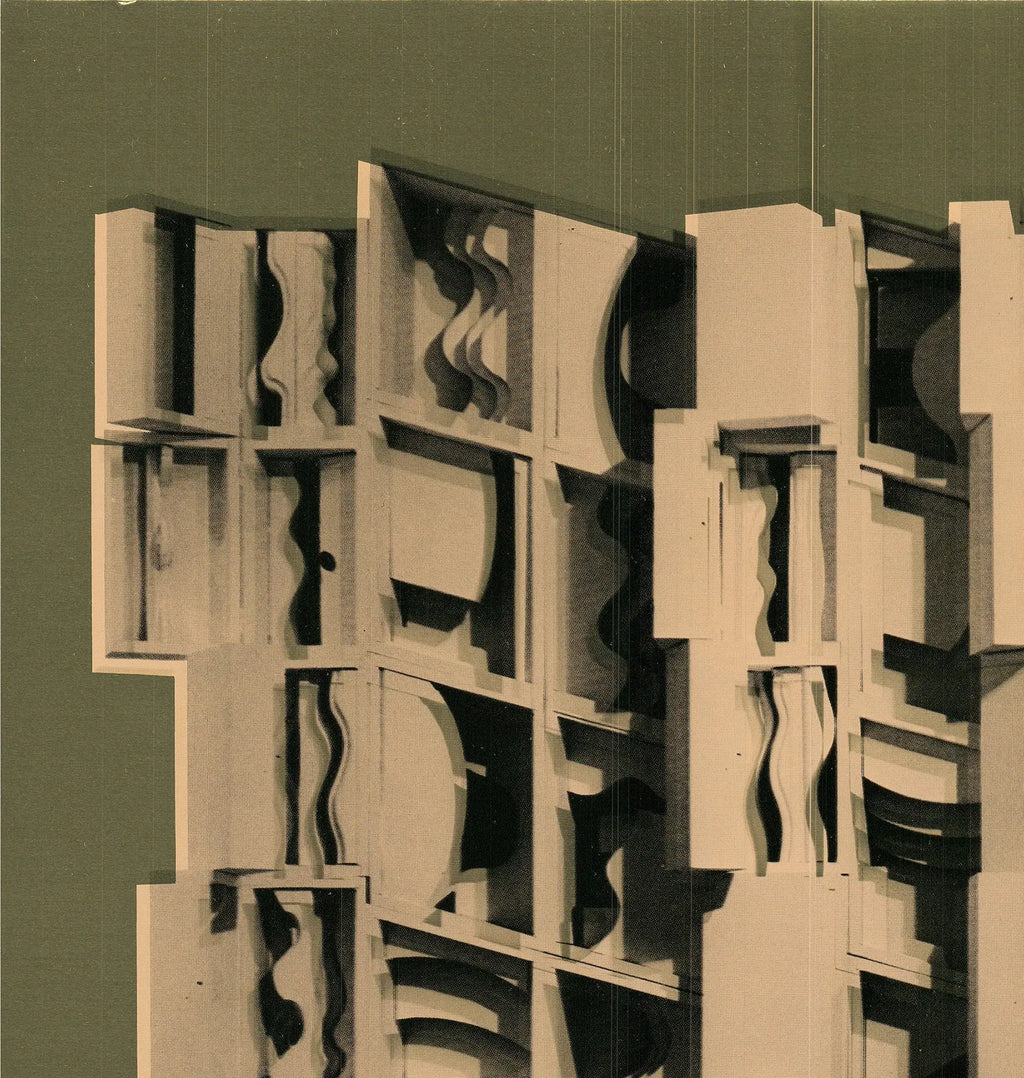 Limited edition gold foil print by Louise Nevelson featuring abstract sculptural designs, displayed in a gallery setting.