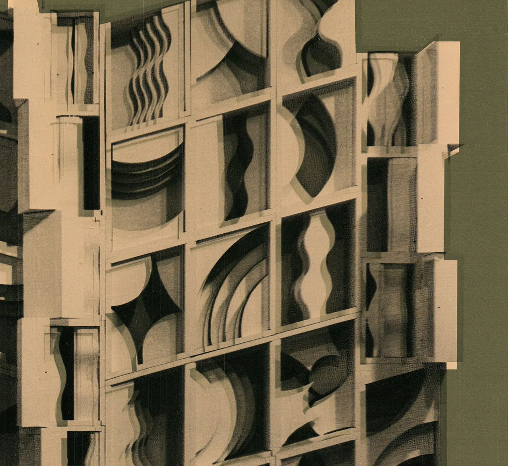 Limited edition gold foil print of Louise Nevelson artwork, showcasing abstract shapes and textures in a framed art piece.