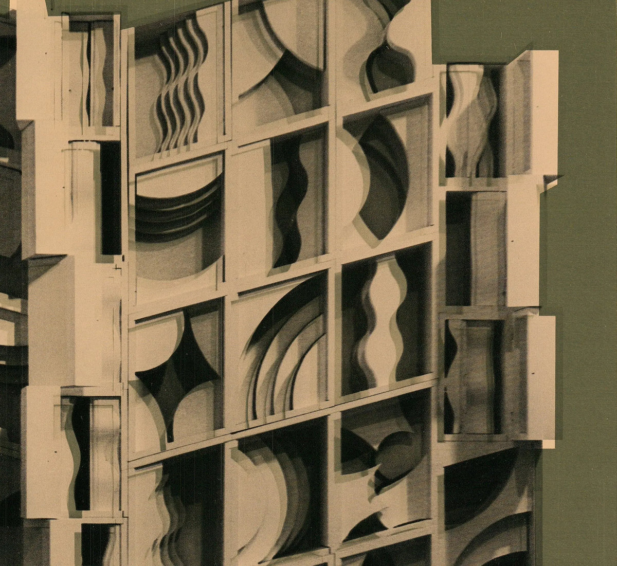 Limited edition gold foil print of Louise Nevelson artwork, showcasing abstract shapes and textures in a framed art piece.