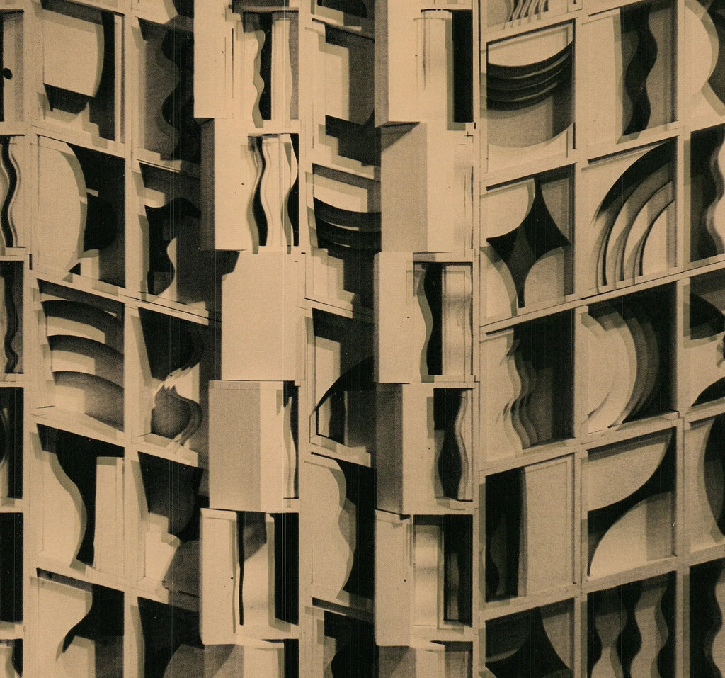 Limited edition gold foil print of Louise Nevelson artwork titled "Louise Nevelson at Pace Columbus" showcasing abstract sculpture details.