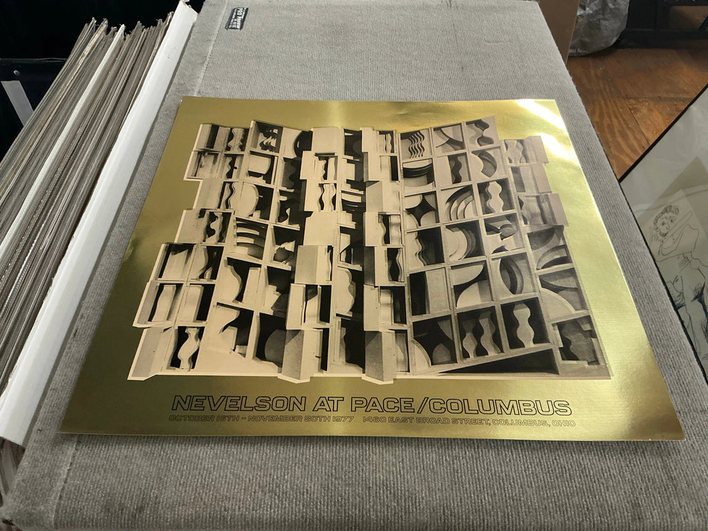 Louise Nevelson Gold Dust and Shadows 1977 foil print poster showcasing abstract art with metallic gold accents and shadowy details.
