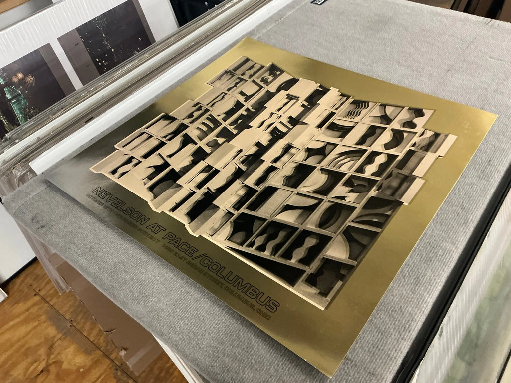 Louise Nevelson Gold Dust and Shadows 1977 foil print poster featuring abstract artwork in gold and shadow tones.