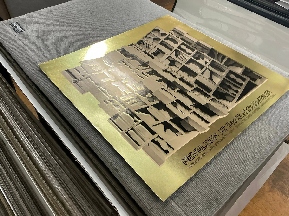 Louise Nevelson Gold Dust and Shadows 1977 foil print poster, showcasing abstract artwork with metallic gold accents on paper.