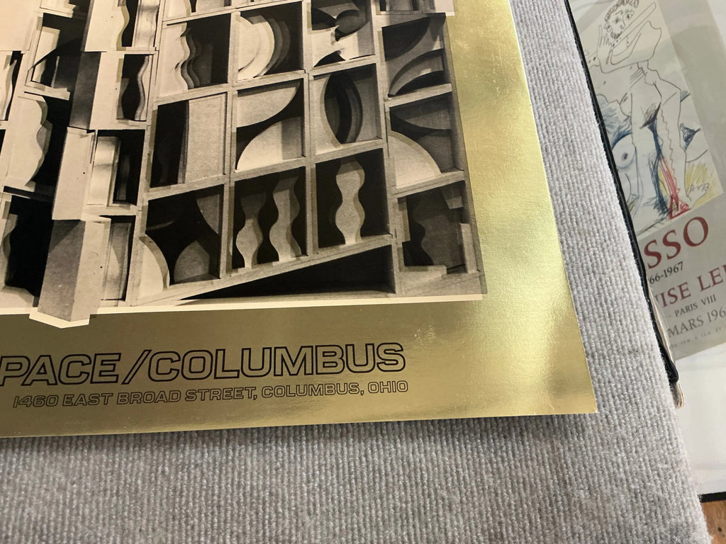 Louise Nevelson Gold Dust and Shadows 1977 foil print poster featuring abstract artwork in gold and shadow tones.