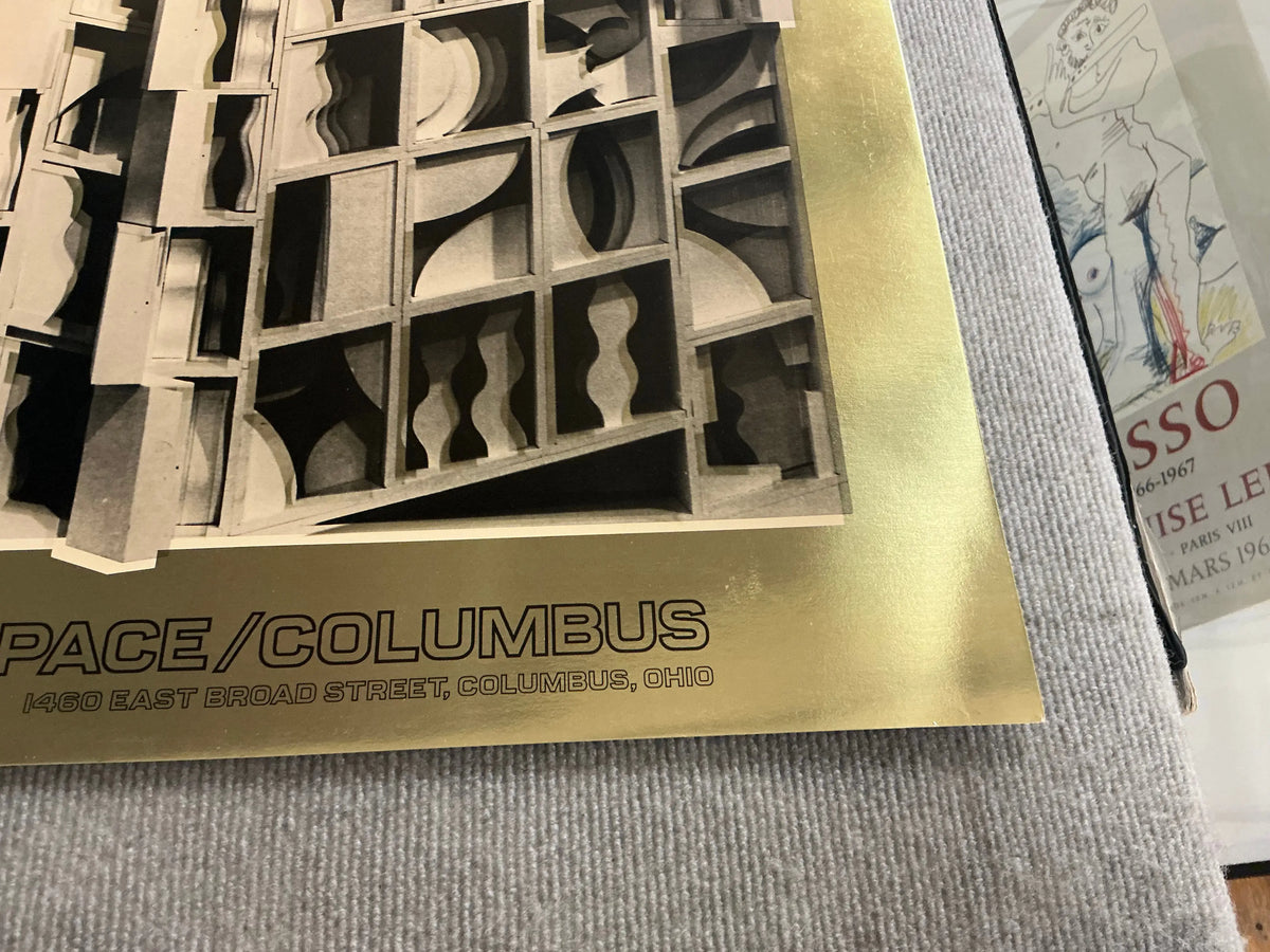 Louise Nevelson Gold Dust and Shadows 1977 foil print poster featuring abstract artwork in gold and shadow tones.