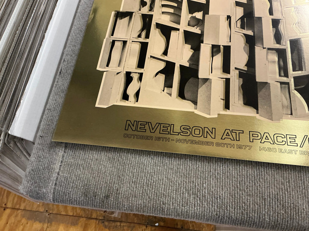 Louise Nevelson Gold Dust and Shadows 1977 foil print poster featuring abstract artwork in gold tones and shadowy textures.