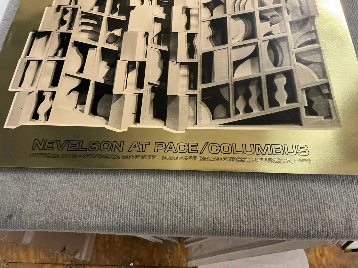 Louise Nevelson Gold Dust and Shadows 1977 foil print poster featuring abstract black and gold textured artwork.