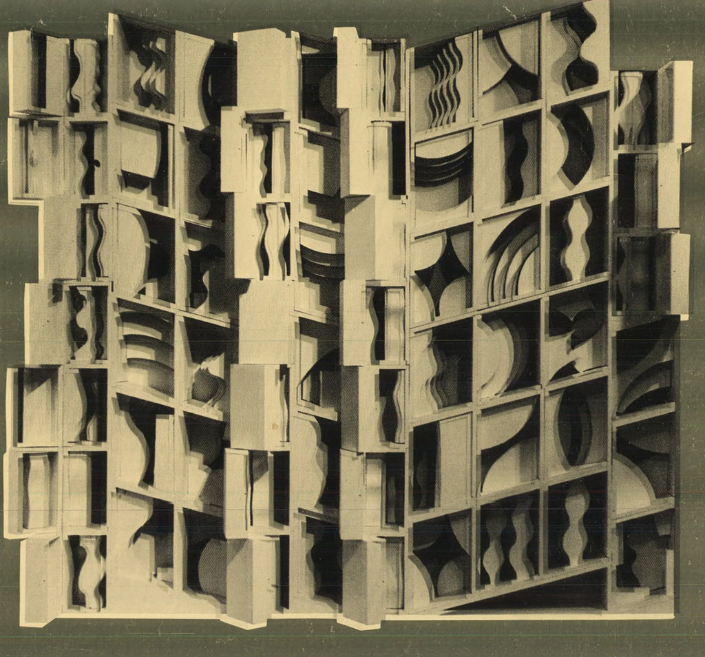 Louise Nevelson Lunar Gold 1977 exhibition invitation art postcard featuring abstract gold-toned collage artwork.