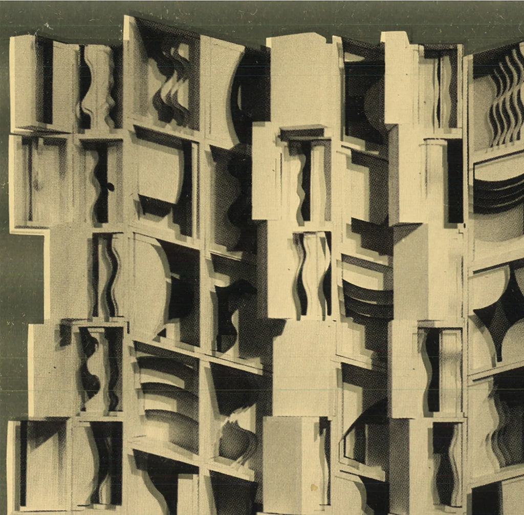 Louise Nevelson Lunar Gold 1977 exhibition invitation art postcard featuring abstract gold-toned designs by the artist.