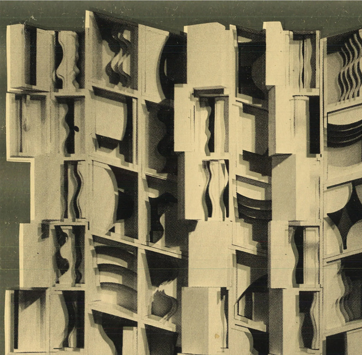 Louise Nevelson Lunar Gold 1977 exhibition invitation art postcard featuring abstract gold-toned designs by the artist.