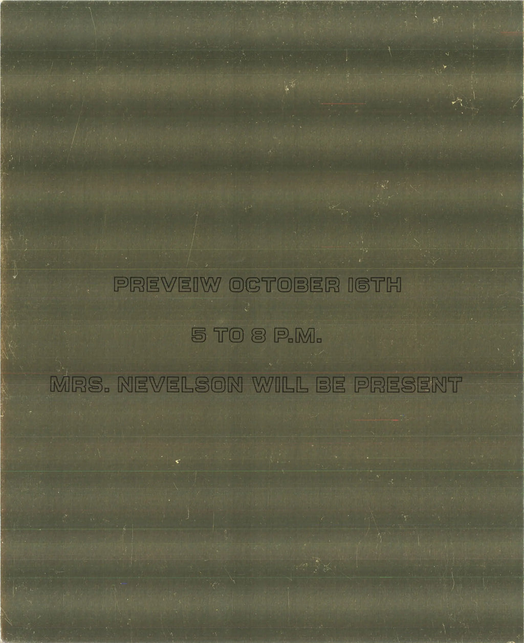 Louise Nevelson Lunar Gold 1977 exhibition invitation art postcard featuring abstract gold-toned design by the artist.