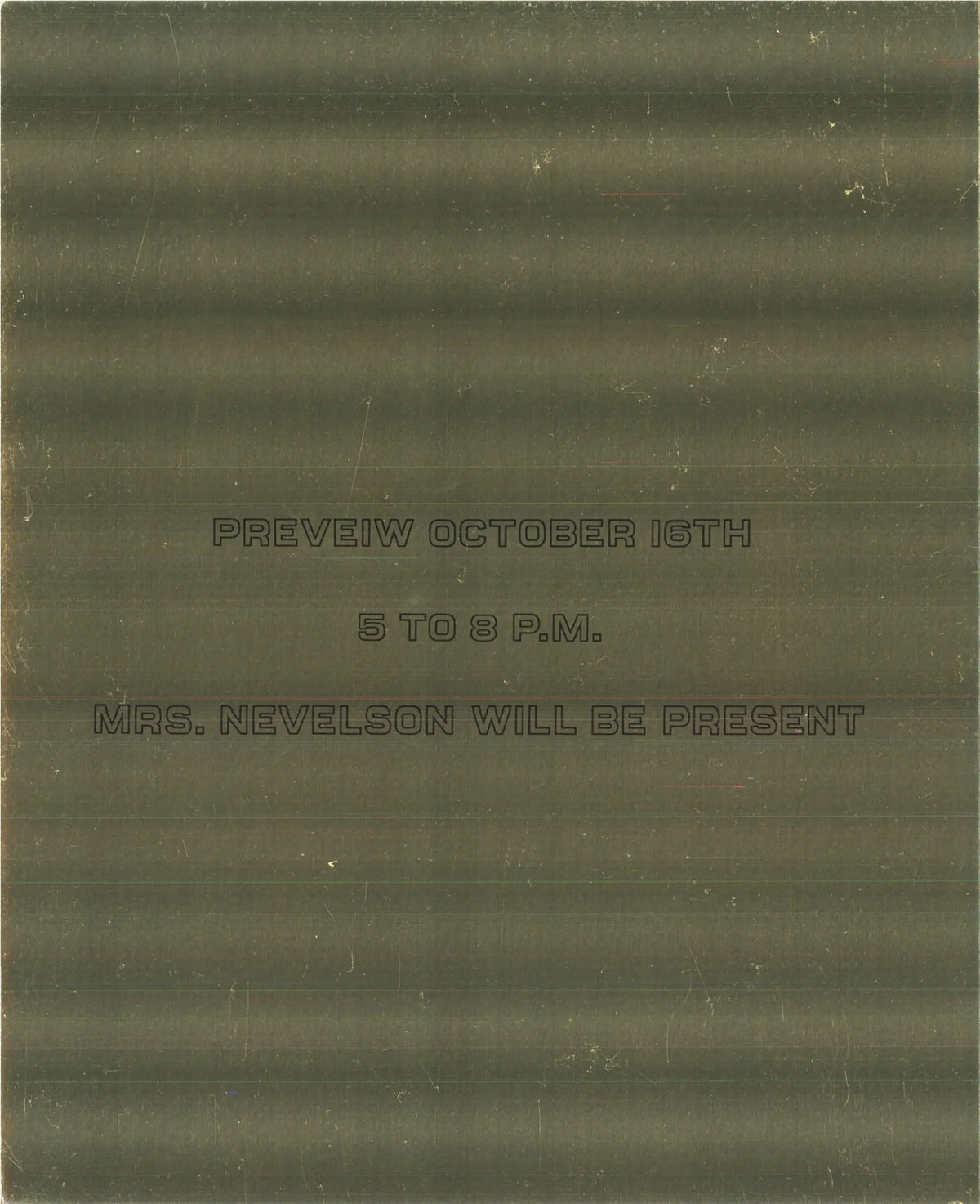 Louise Nevelson Lunar Gold 1977 exhibition invitation art postcard featuring abstract gold-toned design by the artist.