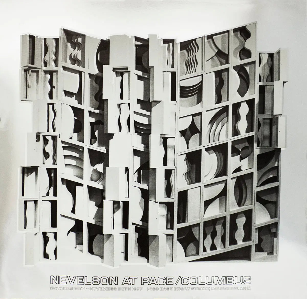 Louise Nevelson Lunar Silence silver foil exhibition art print from 1977, showcasing abstract sculpture design and textured details.