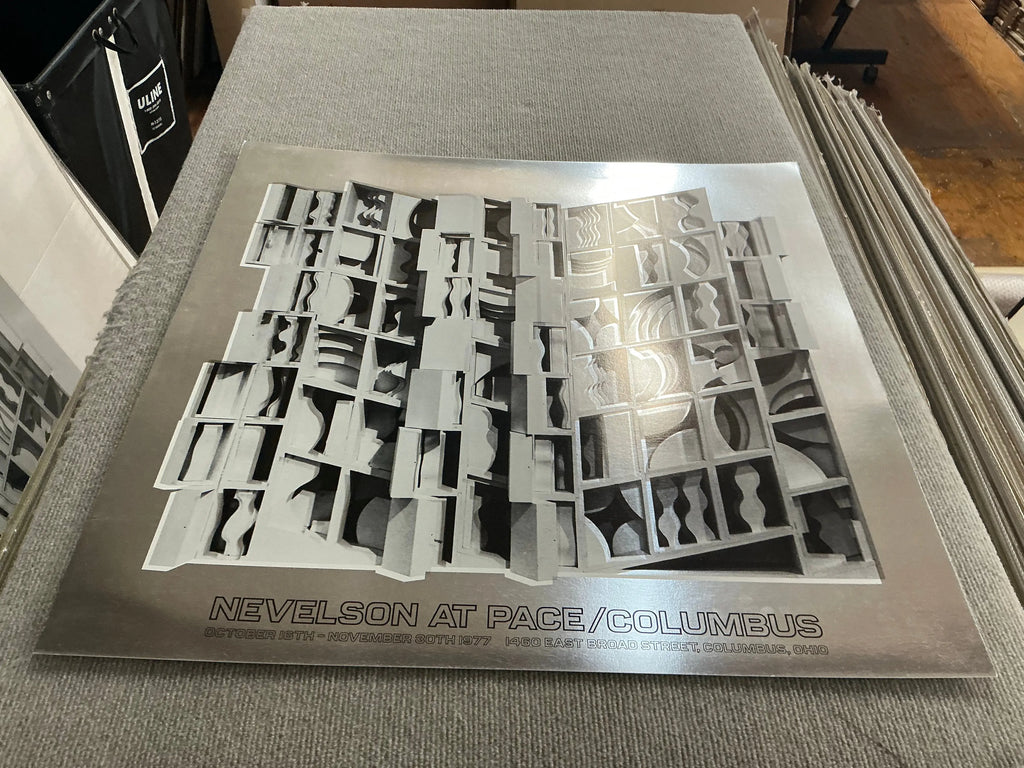 Louise Nevelson Lunar Silence silver foil art print from 1977, featuring abstract geometric shapes and textured metallic details.