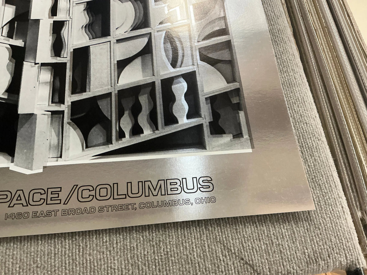 Louise Nevelson Lunar Silence silver foil exhibition art print from 1977 featuring abstract sculptural design and textured silver finish.
