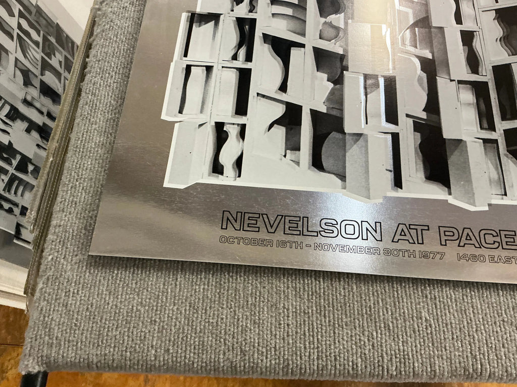 Louise Nevelson Lunar Silence silver foil art print from 1977, showcasing abstract geometric shapes and metallic finish.