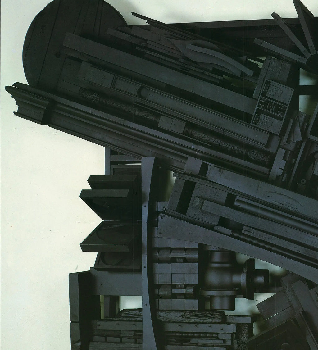 Louise Nevelson at 85 original 1985 exhibition art poster featuring abstract black and white collage artwork by the artist.