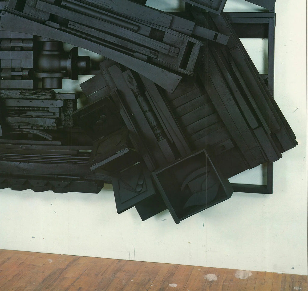 Louise Nevelson art poster featuring her 1985 exhibition, showcasing her distinctive abstract sculpture style.