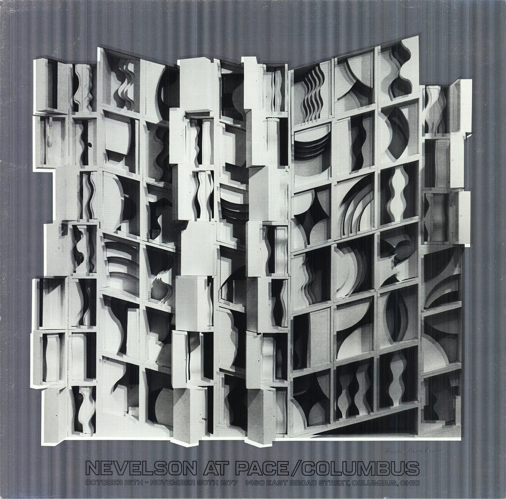 Louise Nevelson signed Lunar Silence silver foil art print, abstract exhibition artwork with metallic detailing and textured design.