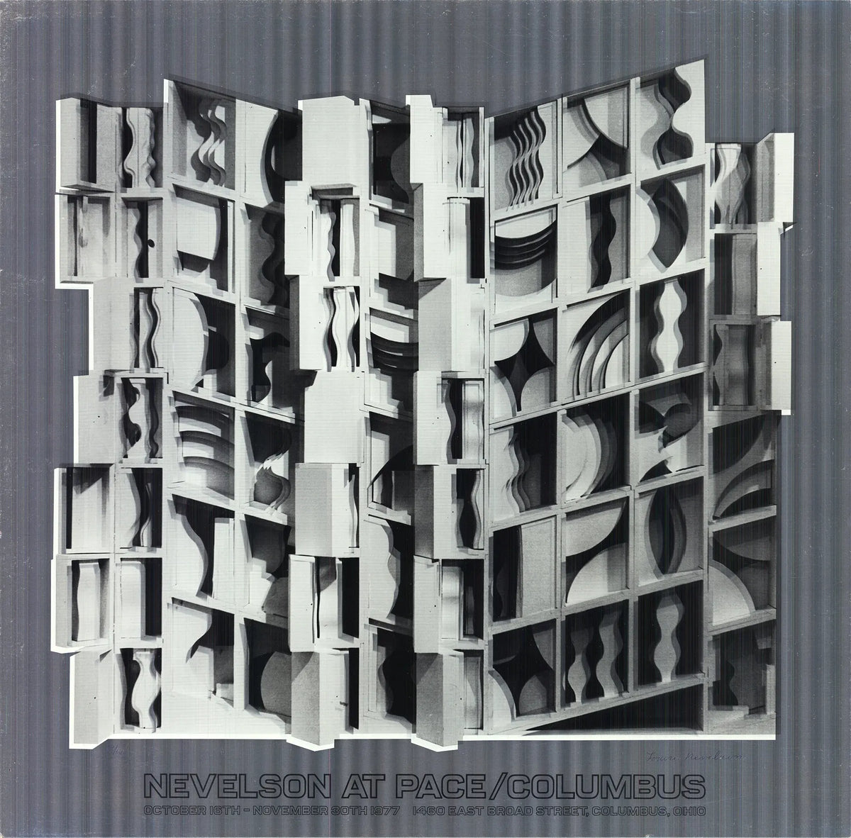 Louise Nevelson signed Lunar Silence silver foil art print, abstract exhibition artwork with metallic detailing and textured design.