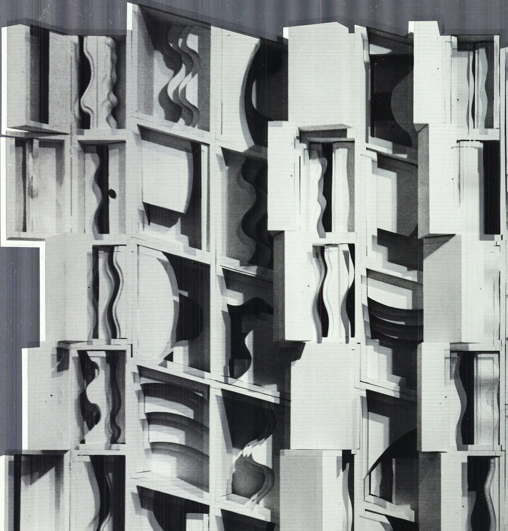 Louise Nevelson signed Lunar Silence silver foil exhibition art print showcasing abstract geometric shapes and metallic finish.