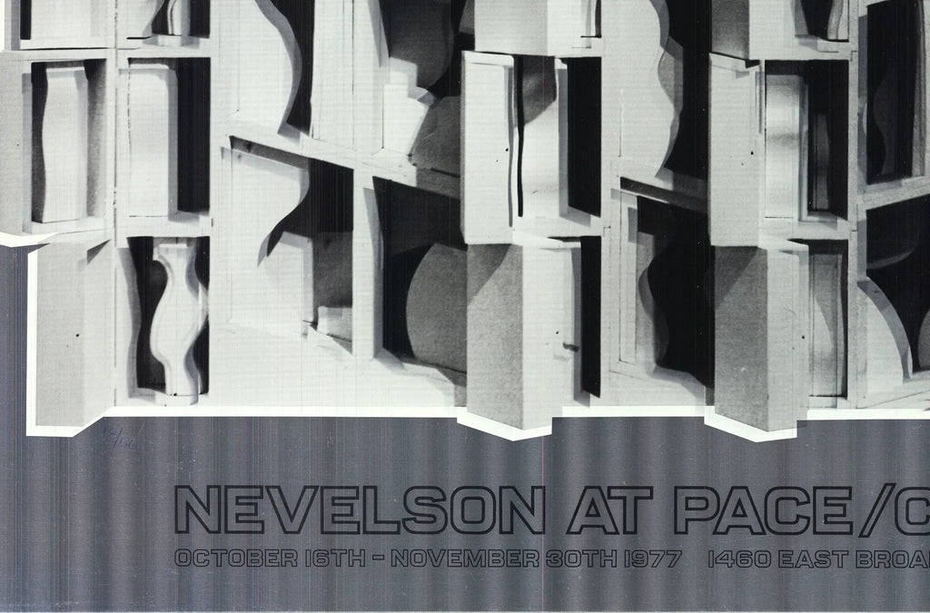 Signed Louise Nevelson Lunar Silence silver foil art print, showcasing abstract exhibition artwork with textured metallic details.