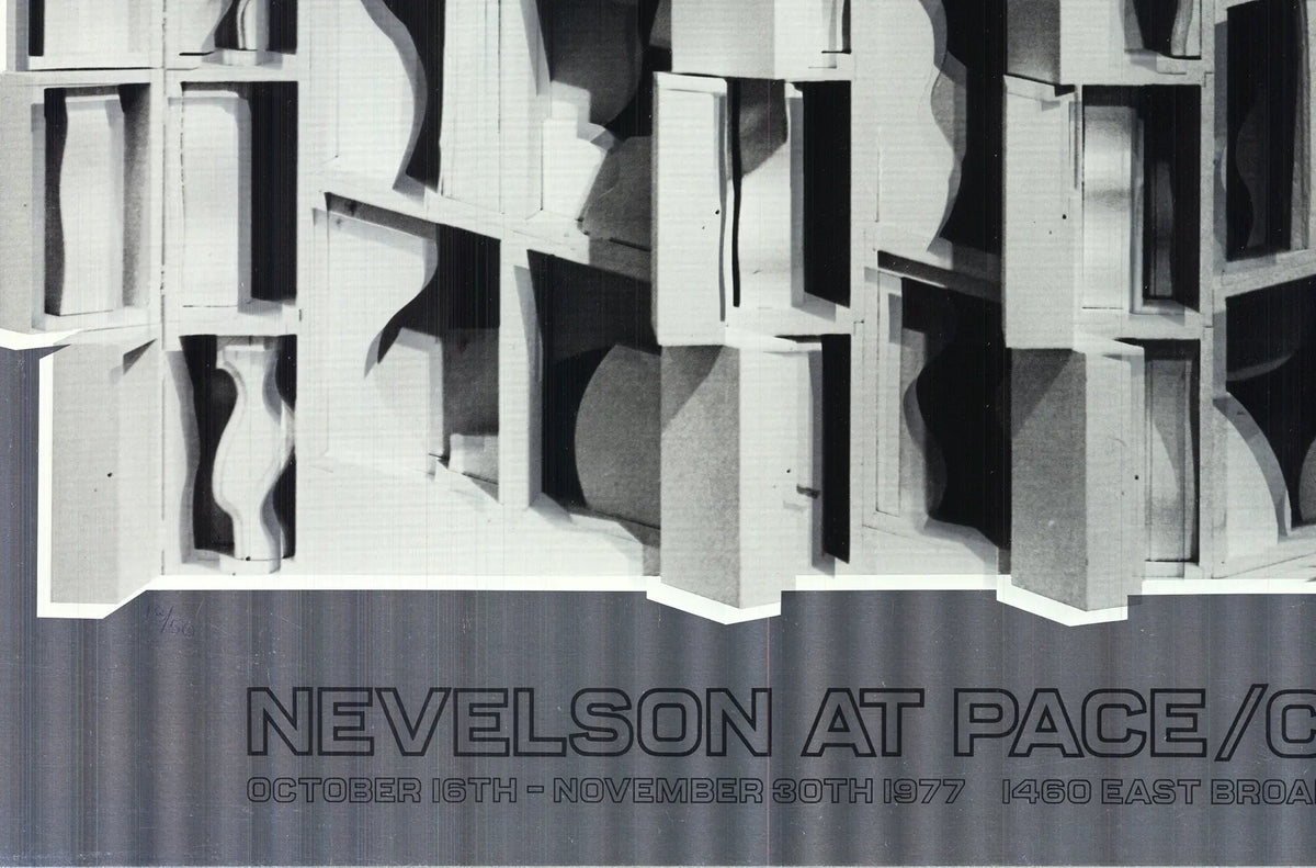 Signed Louise Nevelson Lunar Silence silver foil art print, showcasing abstract exhibition artwork with textured metallic details.